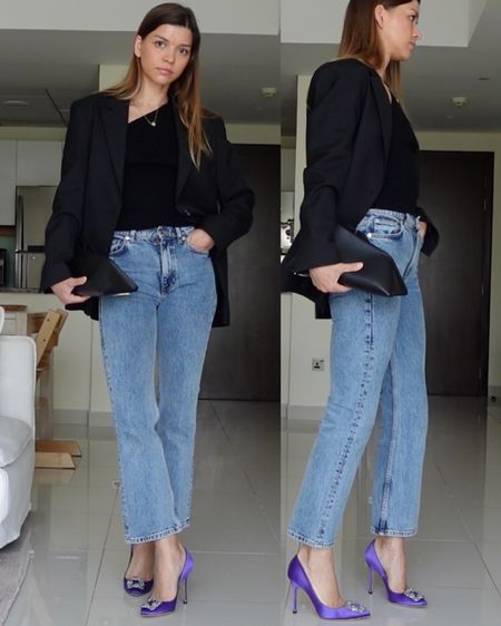 My to go denim, date night outfit with Manolo Blahnik shoes, jeans and black blazer 
