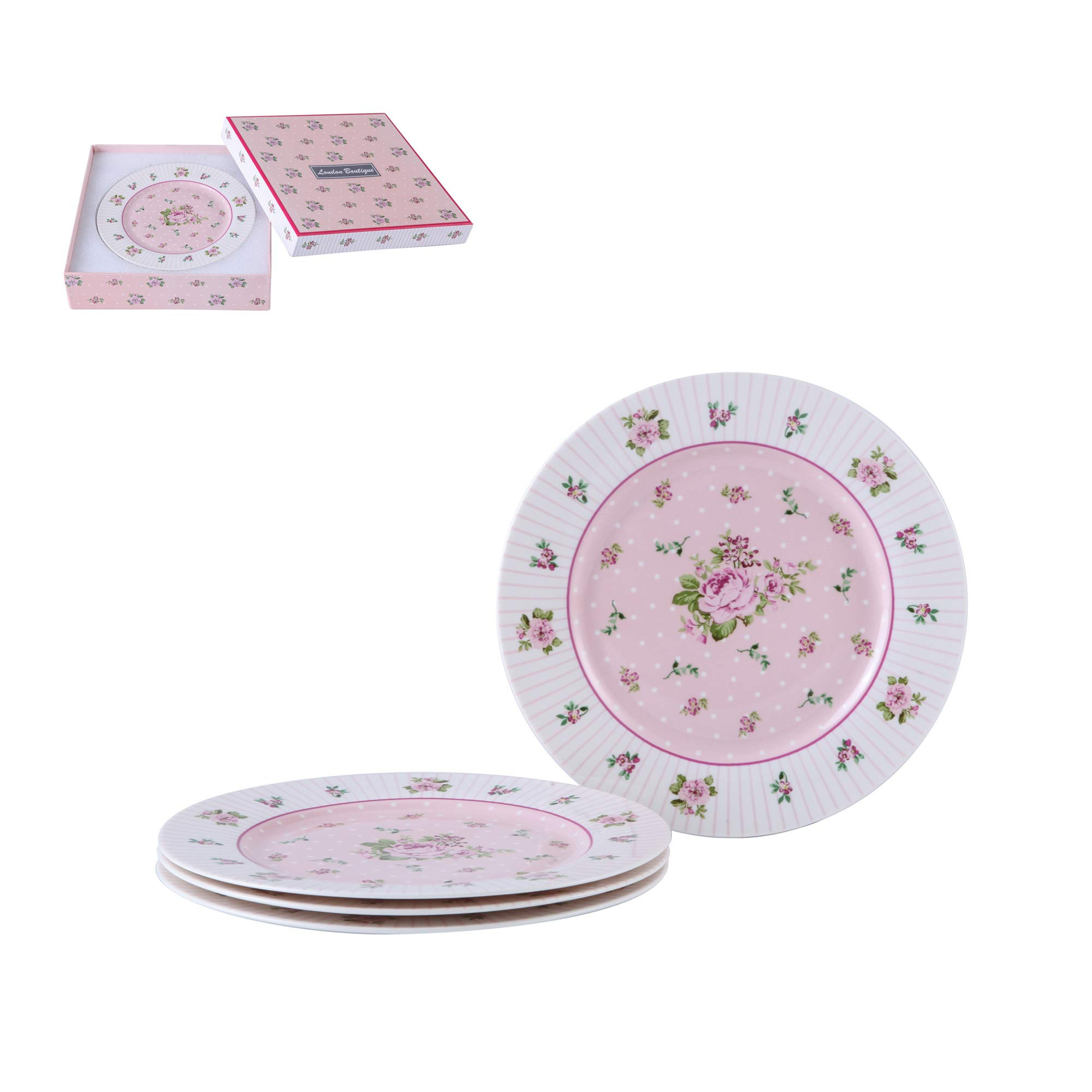 London Boutique Cake Plate Set 4 Porcelain Fine China Wide Rimmed Shabby Chic (Rose Pink) | Amazon (US)
