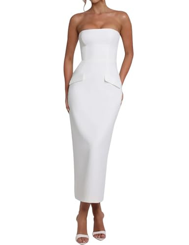 Azhong Women's Summer Strapless Sleeveless Tube Sexy Strapless Bodycon Midi Club Dress Back Slit Club Party Dresses White | Amazon (US)