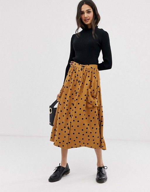 ASOS DESIGN button front midi skirt in polka dot with oversized pockets | ASOS US
