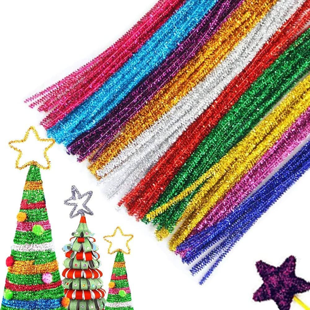 100Pcs Glitter Sparkle Pipe Cleaners Tinsel Chenille Stems,10 Colors Metallic Pipe Cleaner for DI... | Amazon (US)