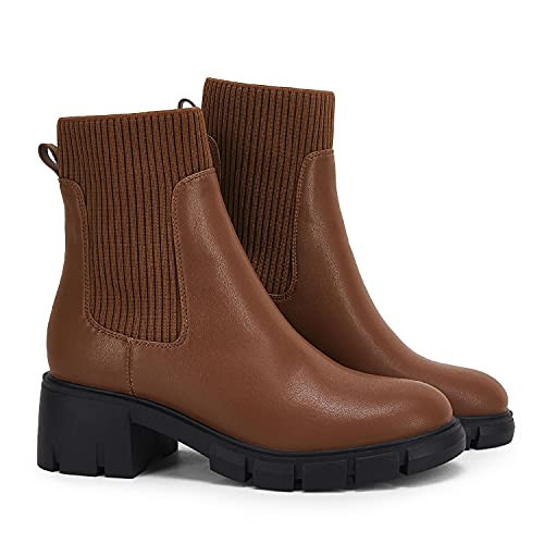 Ruanyu Womens Ankle Boots Elastic Chunky Block Heel Chelsea Booties Lug Sole Platform Shoes Brown | Amazon (US)