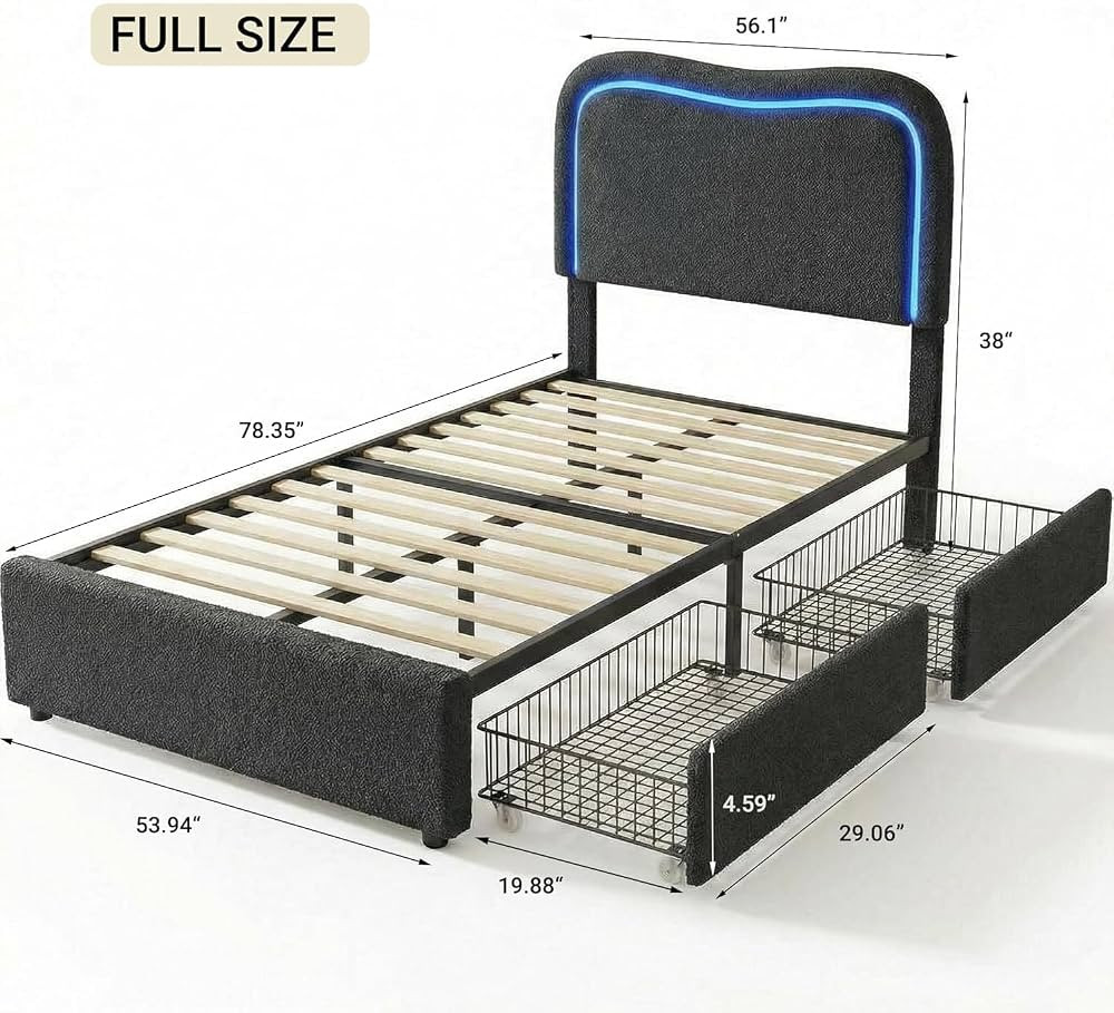 LED Full Size Boucle Bed Frame, Upholstered Platform Bed with 2 Storage Drawers, Solid Wood Slats... | Amazon (CA)