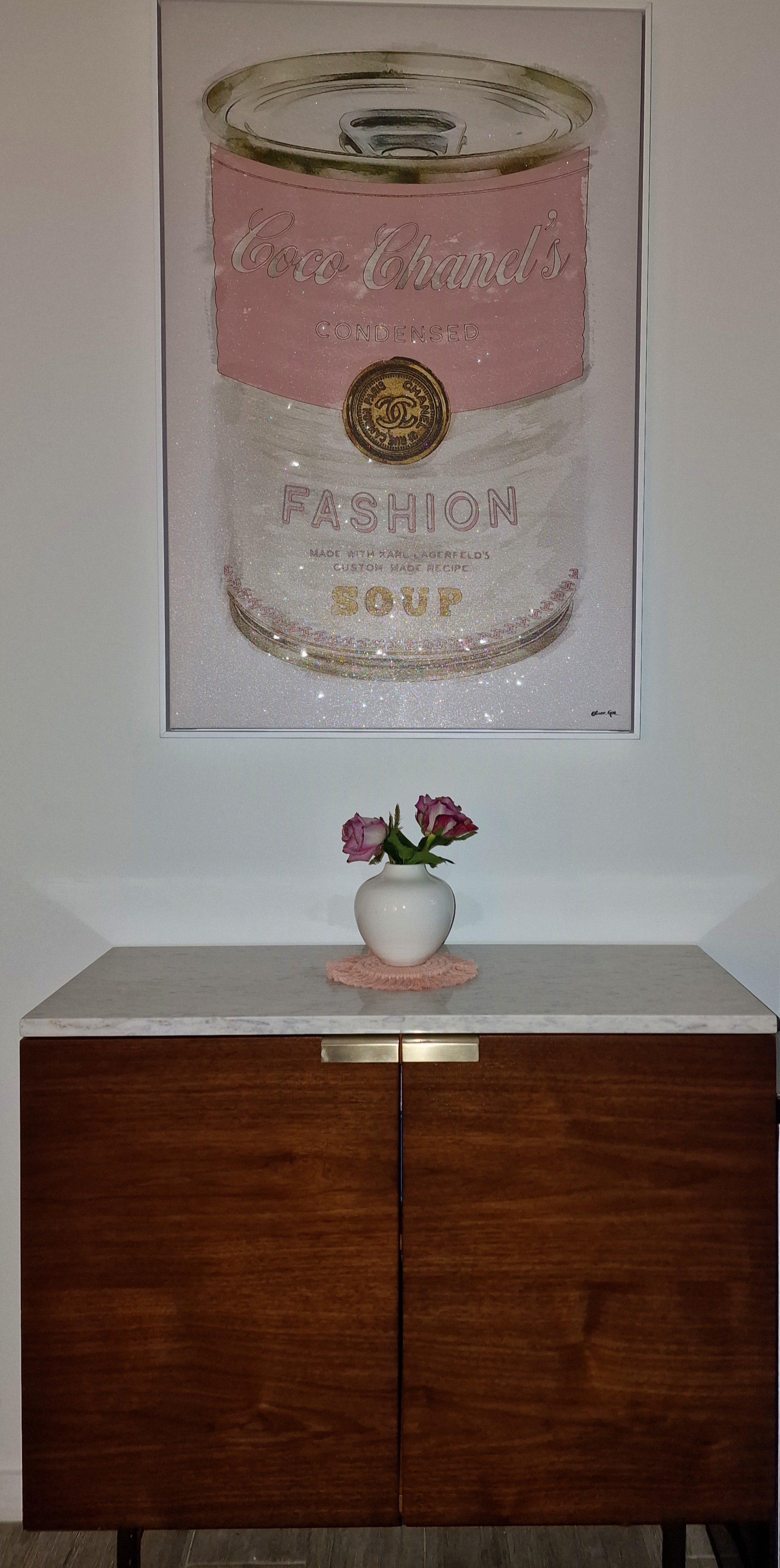This diamond dust artwork really adds a bit of fun to the space. The console is very high quality wood and real marble, couldn't be happier! 

#LTKhome