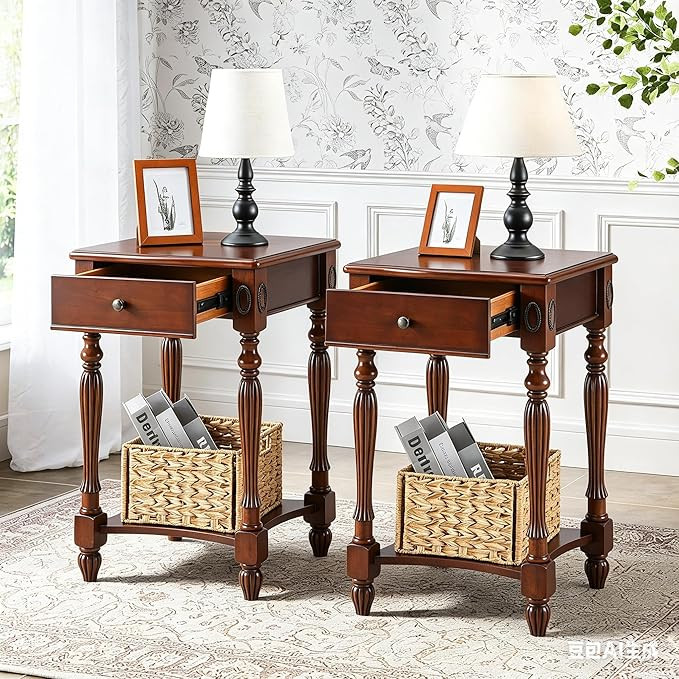 Narrow End Side Table with Drawer and Storage Shelf Set of 2, Sofa Beside Table,No-Tools Assembly... | Amazon (US)