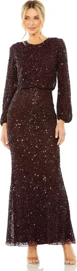 High Neck Long Sleeve Beaded Blouson Gown | Nordstrom