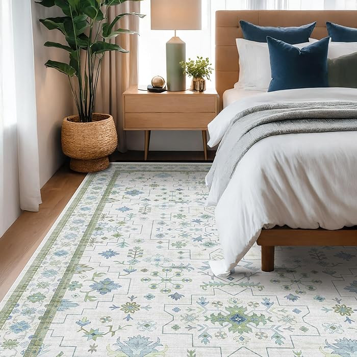 Cream Oushak 6x8 Bedroom Rug - Boho Floral Cool Blue and Green, Washable Low Pile Non-Slip Ultra-... | Amazon (US)