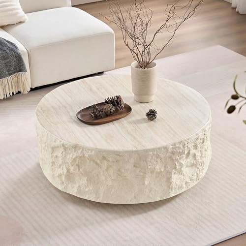 BSYEIO 35.43''Round Coffee Table for Living Room, Fiberglass Center Vintage Coffees Table,Imitation Stone Table Front of The Sofa,Modern Design Coffee Table for Office,Apartment-No Need Assembly | Amazon (US)