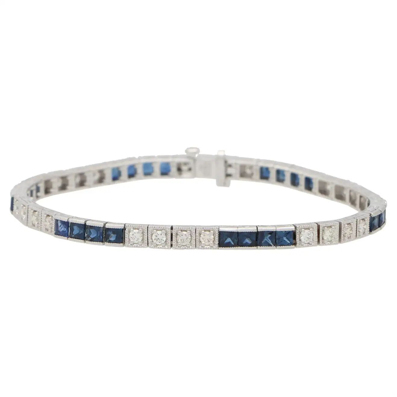 Contemporary Sapphire and Diamond Line Tennis Bracelet Set in 18k White Gold | 1stDibs