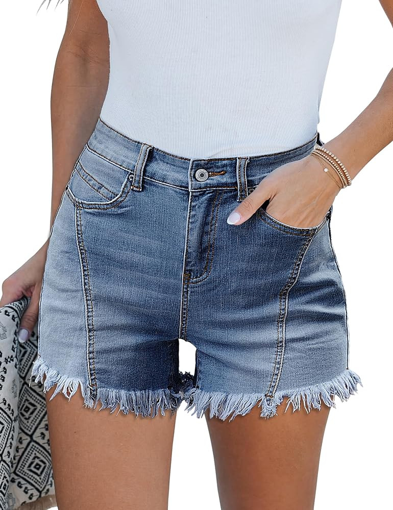 luvamia Jean Shorts for Women Trendy High Waisted Seamed Front Stretchy Denim Shorts Cut Off Fray... | Amazon (US)