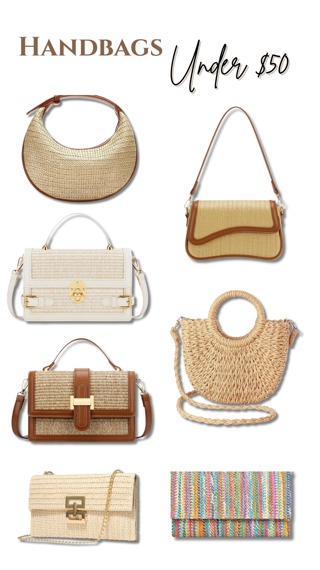 Spring & summer handbags under $50 ☀️ Loving the woven textures, neutral tones, and easy everyday styles that go with everything. Perfect for vacations, brunch, and warm-weather outfits ✨

#LTKStyle #HandbagsUnder50 #SummerStyle #SpringFashion #WovenBags #NeutralStyle #SummerAccessories #AffordableFashion #BagEdit #LTKFinds 

 #LTKMothersDay #LTKgrwm #LTKootd