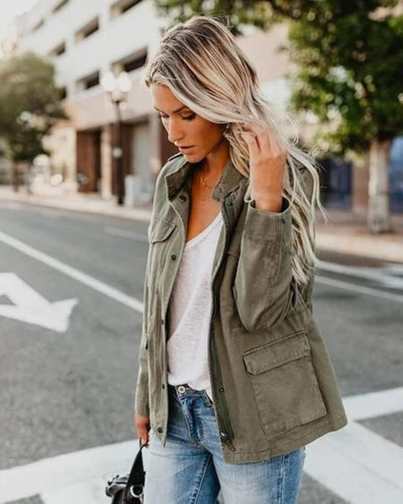 Womens Military Jacket Zip Up Snap Buttons Lightweight Utility Anorak Field Safari Coat Outwear | Amazon (US)