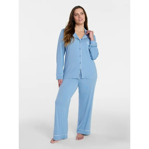 Joyspun Women’s Sleep Modal Long Sleeve Notch Top and Pants Pajama Set, Size XS-XL, 2X-3X | Walmart (US)