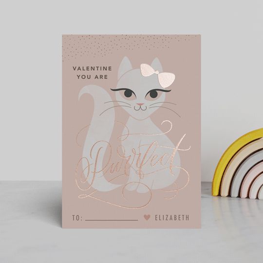 "Purrrfect Valentine" - Customizable Foil Valentine Cards in Pink by Kristen Smith. | Minted