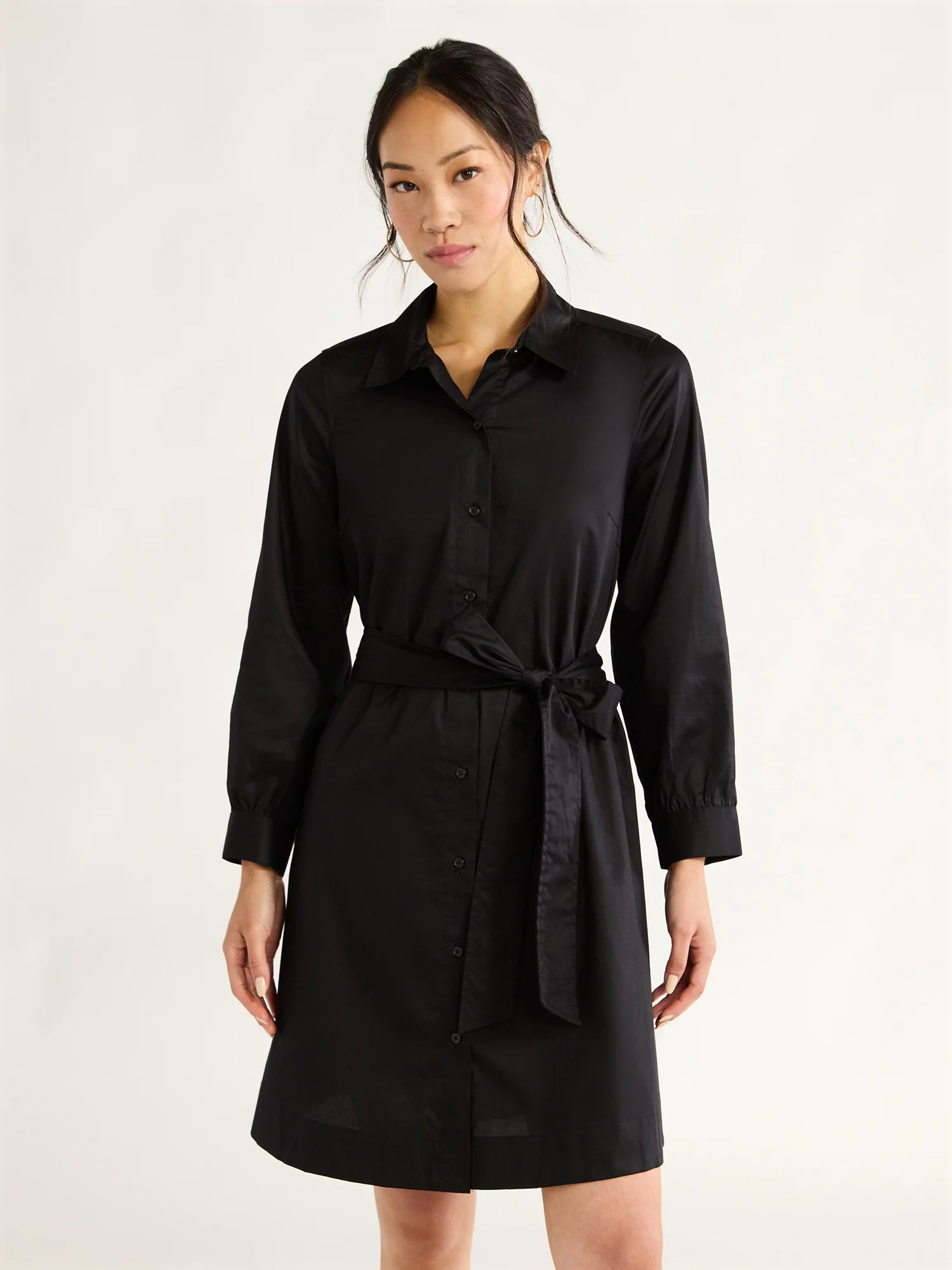 Free Assembly Women’s Belted Cotton Mini Dress with Long Sleeves, Sizes XS-XXL | Walmart (US)