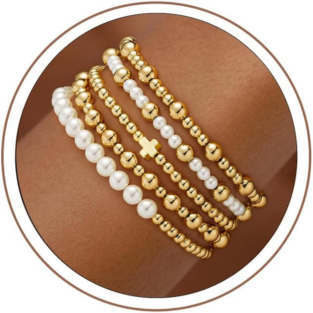 5PCS Gold Beaded Bracelets for Women Teen Girls, 14K Gold Plated | Amazon (US)