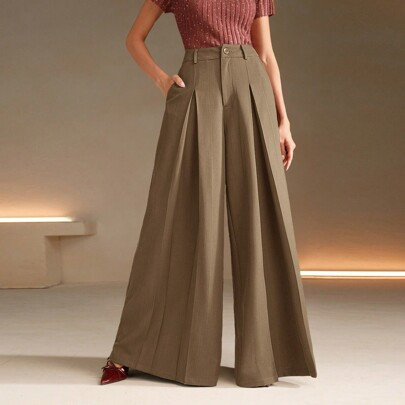 Women's Loose Fit Wide Leg Trousers, Coffee Brown Color, Casual Palazzo Style Pants For Autumn/Winter | SHEIN