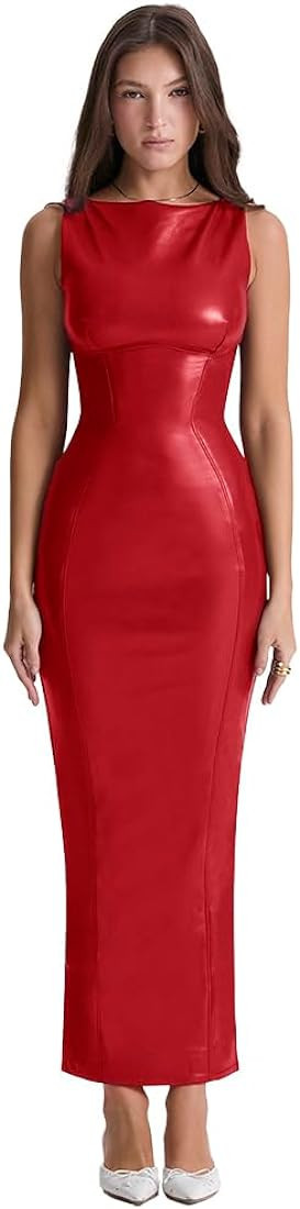 XLLAIS Women's Faux PU Leather Bodycon Maxi Dress Sexy Boatneck Tank Long Dresses | Amazon (US)