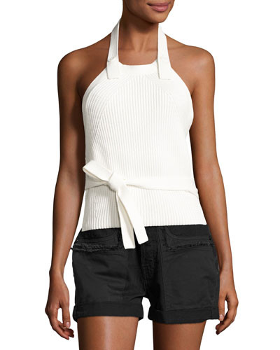 Ribbed Button-Back Halter Top, White | Neiman Marcus