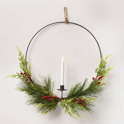 17in Pre-lit LED Black Hoop Greenery and Candle Artificial Christmas Wreath - Wondershop&#8482; | Target