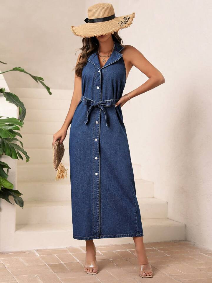 SHEIN Frenchy Button Front Belted Denim Dress | SHEIN