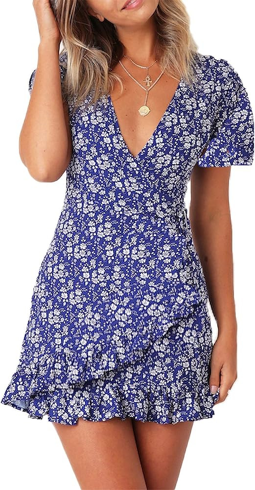 Relipop Summer Women Short Sleeve Print Dress V Neck Casual Short Dresses | Amazon (US)