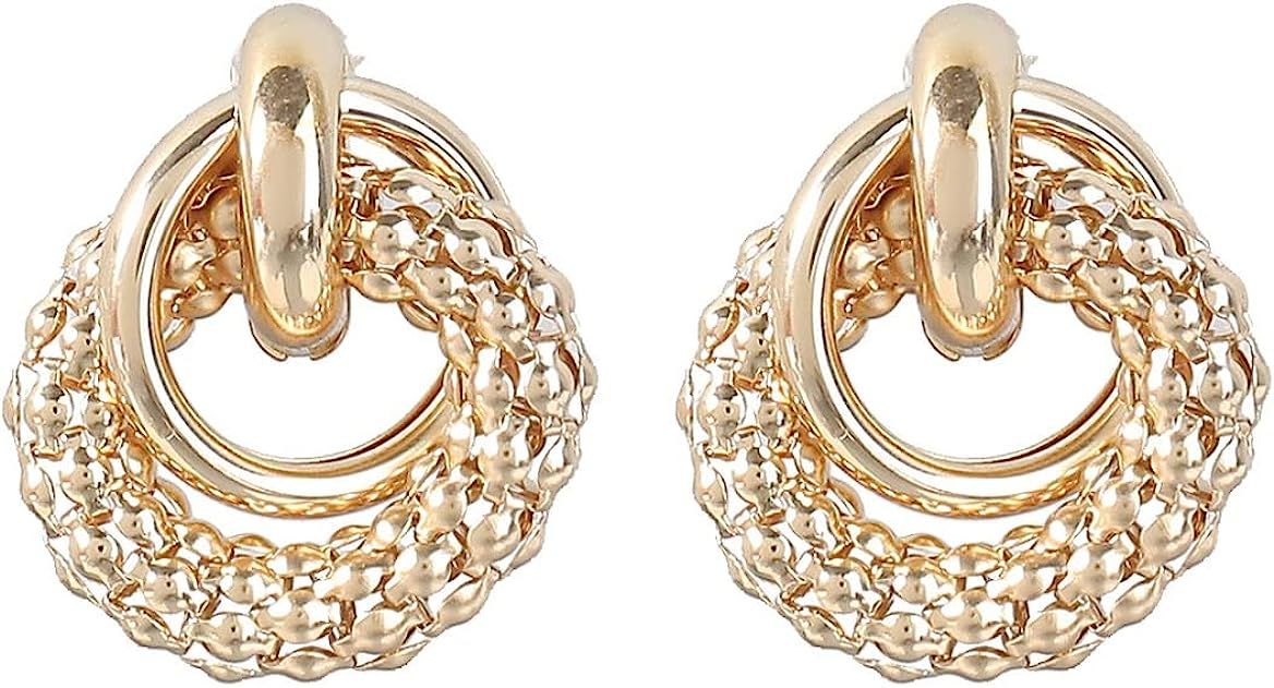 Chunky Double Circle Earrings, Round Double Circle Dangle Earrings for Women, Bohemian Gold Circl... | Amazon (US)