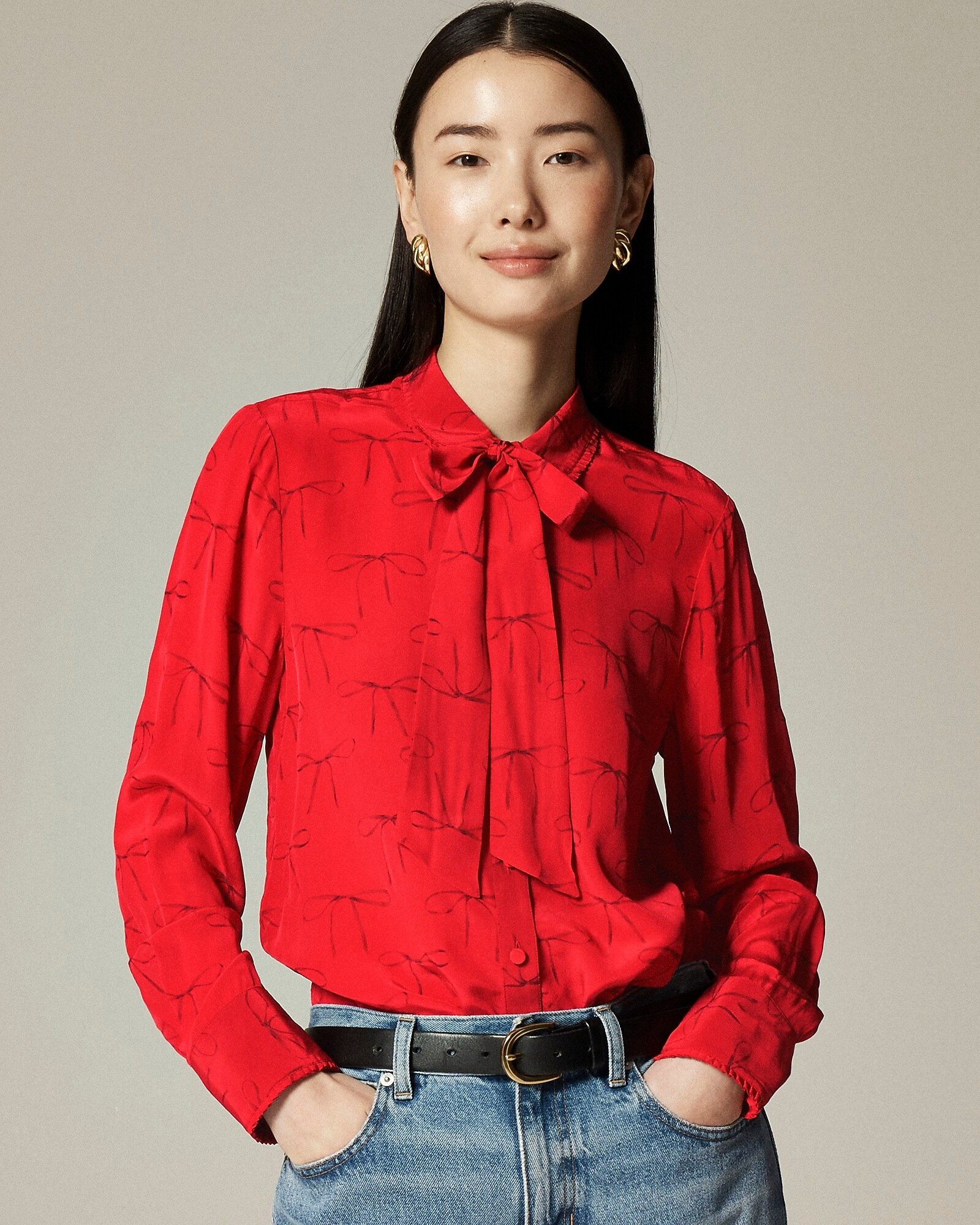 Tie-neck button-up shirt in bow-print crepe de chine | J. Crew US