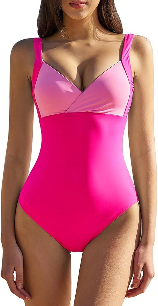 QINSEN Womens Sexy V Neck One Piece Bathing Suit Color Block Swimsuit High Waist Monokini | Amazon (US)