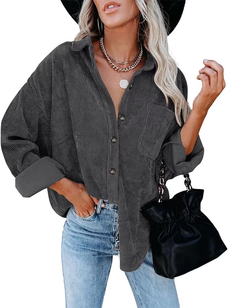 ZOLUCKY Womens Corduroy Button Down Shirts Casual Long Sleeve Shacket Jacket Boyfriend Blouses Tops | Amazon (US)