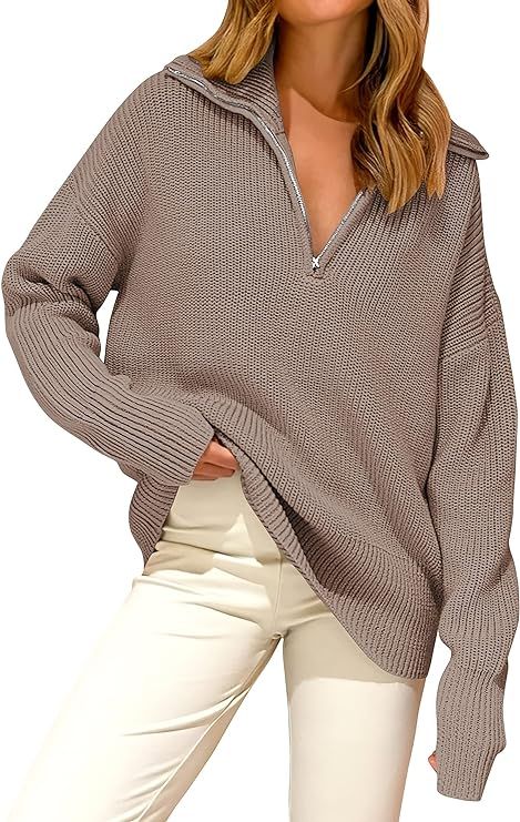ANRABESS Women's Long Sleeve Half Zipper Henley V Neck Drop Shoulder Oversized Knit Pullover Swea... | Amazon (US)