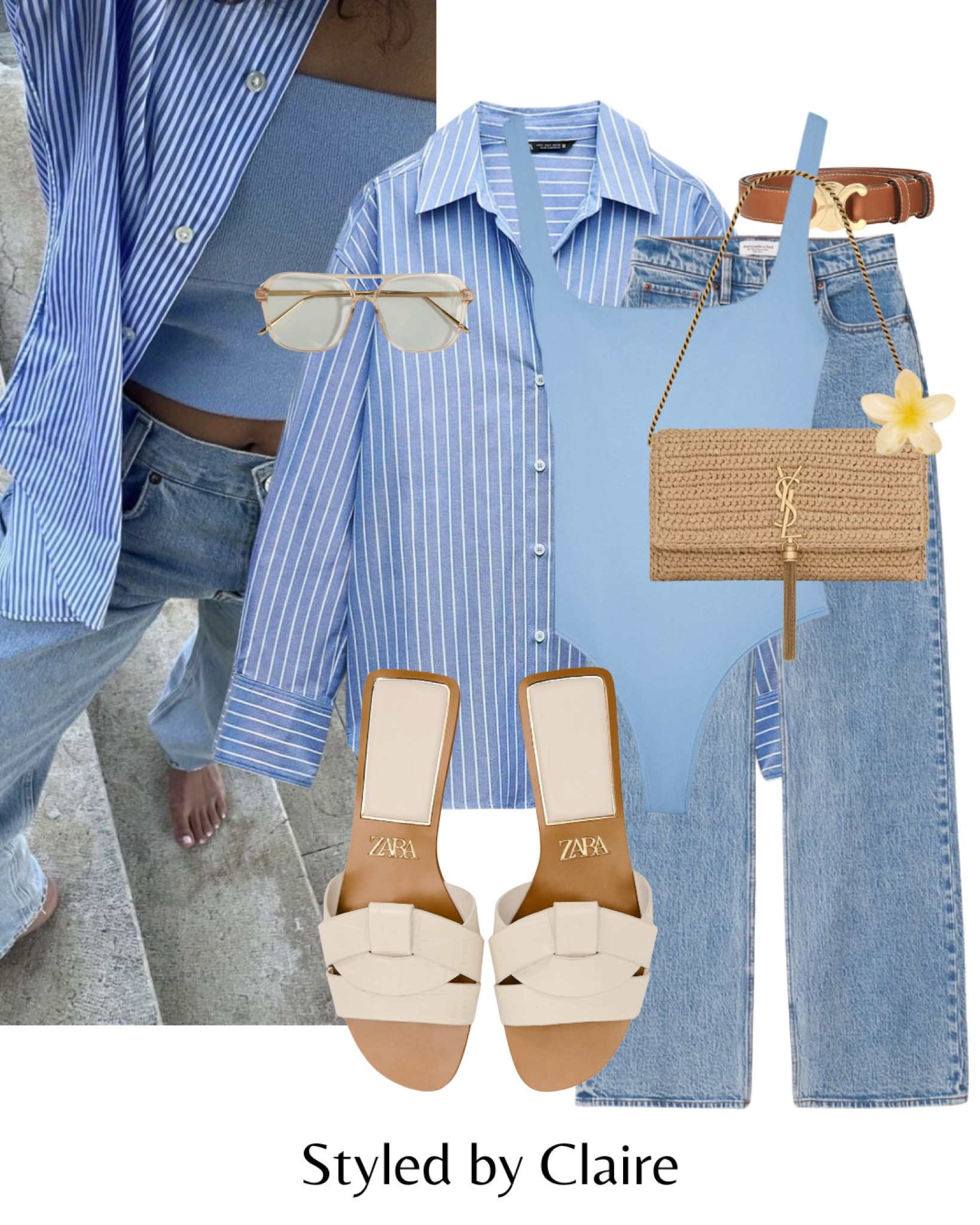 Spring uniform🙋🏽‍♀️
Tags: stripe Zara shirt oversized blue bodysuit jeans white sandals brown belt raffia bag ysl sunglasses polaroid fashion inspo outfit ideas chic women’s style city break Dubai Barcelona capsule wardrobe 

#LTKspring #LTKstyletip #LTKshoes