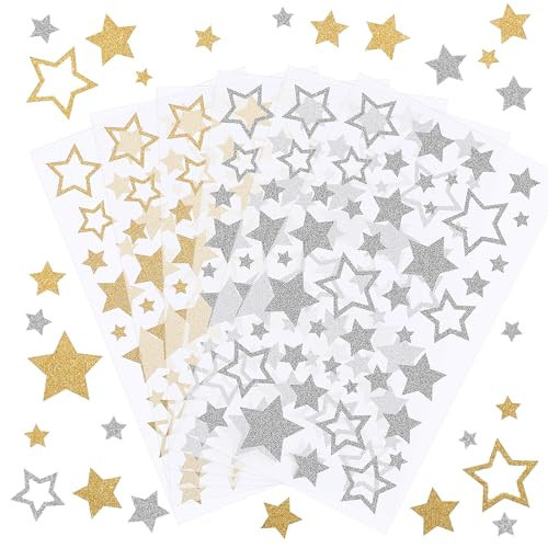 6 Sheets Glitter Star Stickers, Self-Adhesive Assorted Star Labels Gold Silver Star Decals for Crafts Decoration Scrapbooks Cards Kids Reward Classroom Teacher Supplies | Amazon (US)