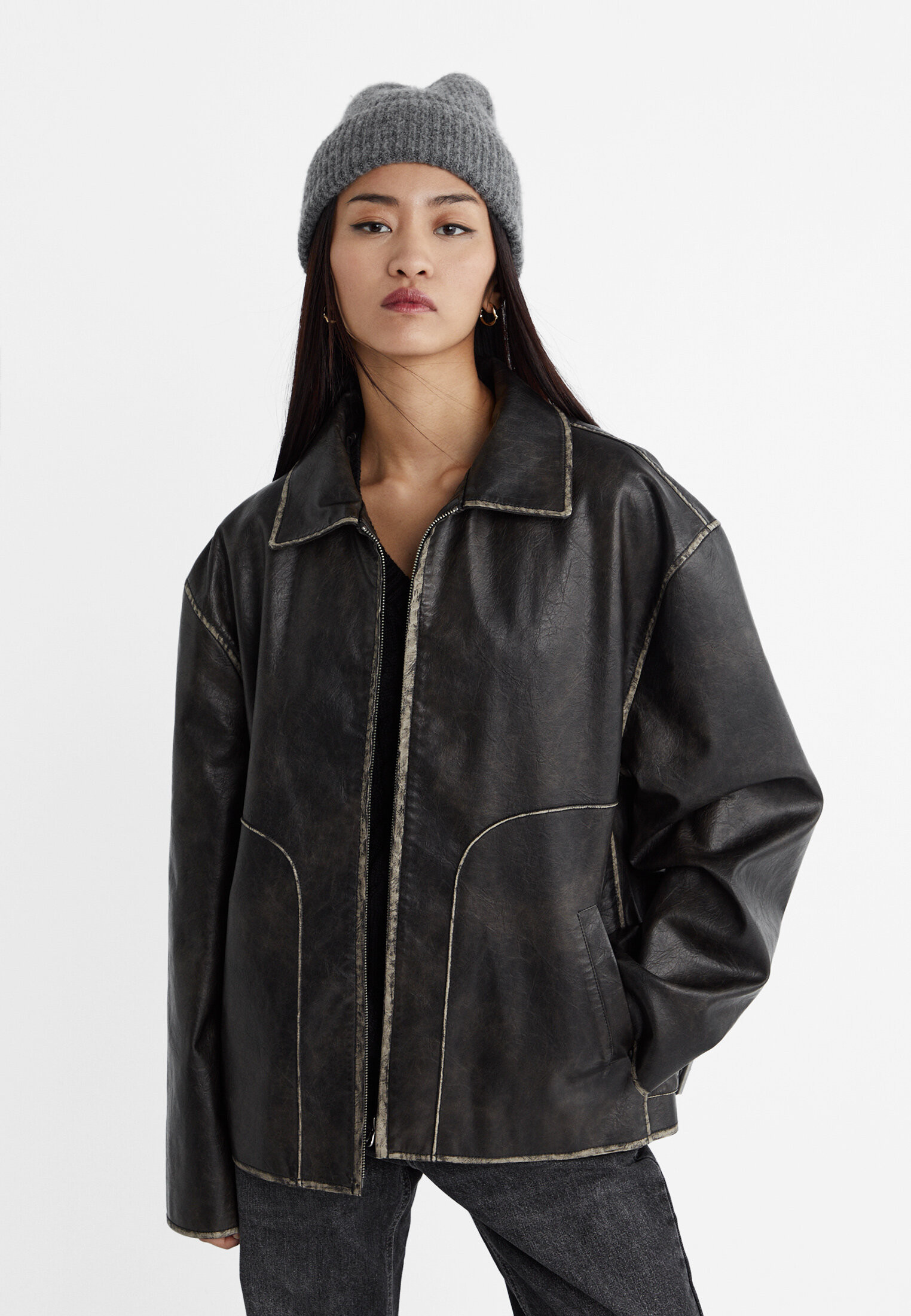 Leather effect jacket with seam details | Stradivarius (UK)
