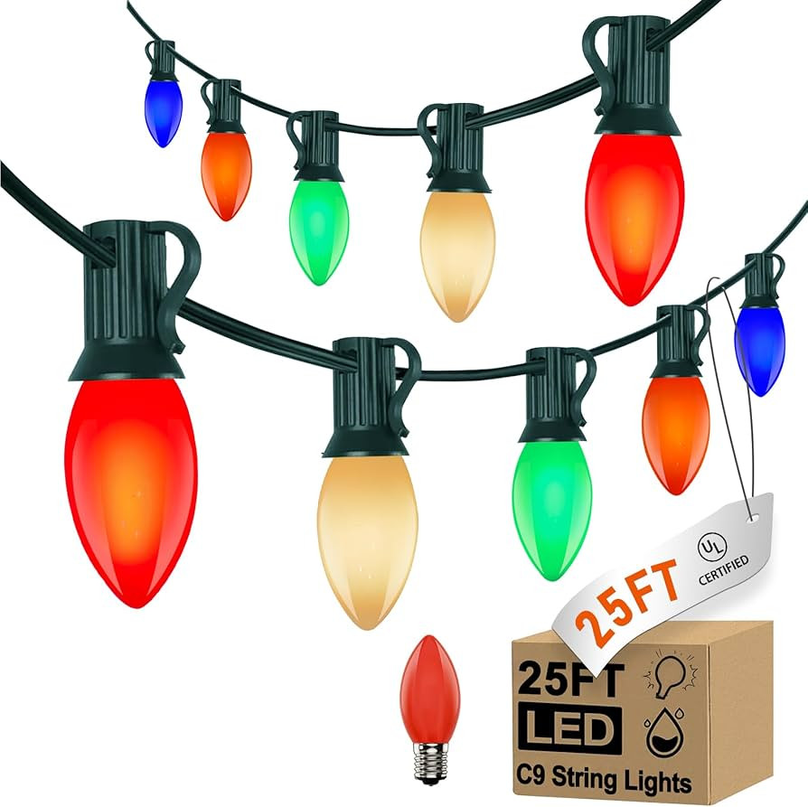 25FT C9 Christmas Lights Outdoor,Vintage Christmas Lights with 26 C9 Multicolor Shatterproof Plas... | Amazon (US)