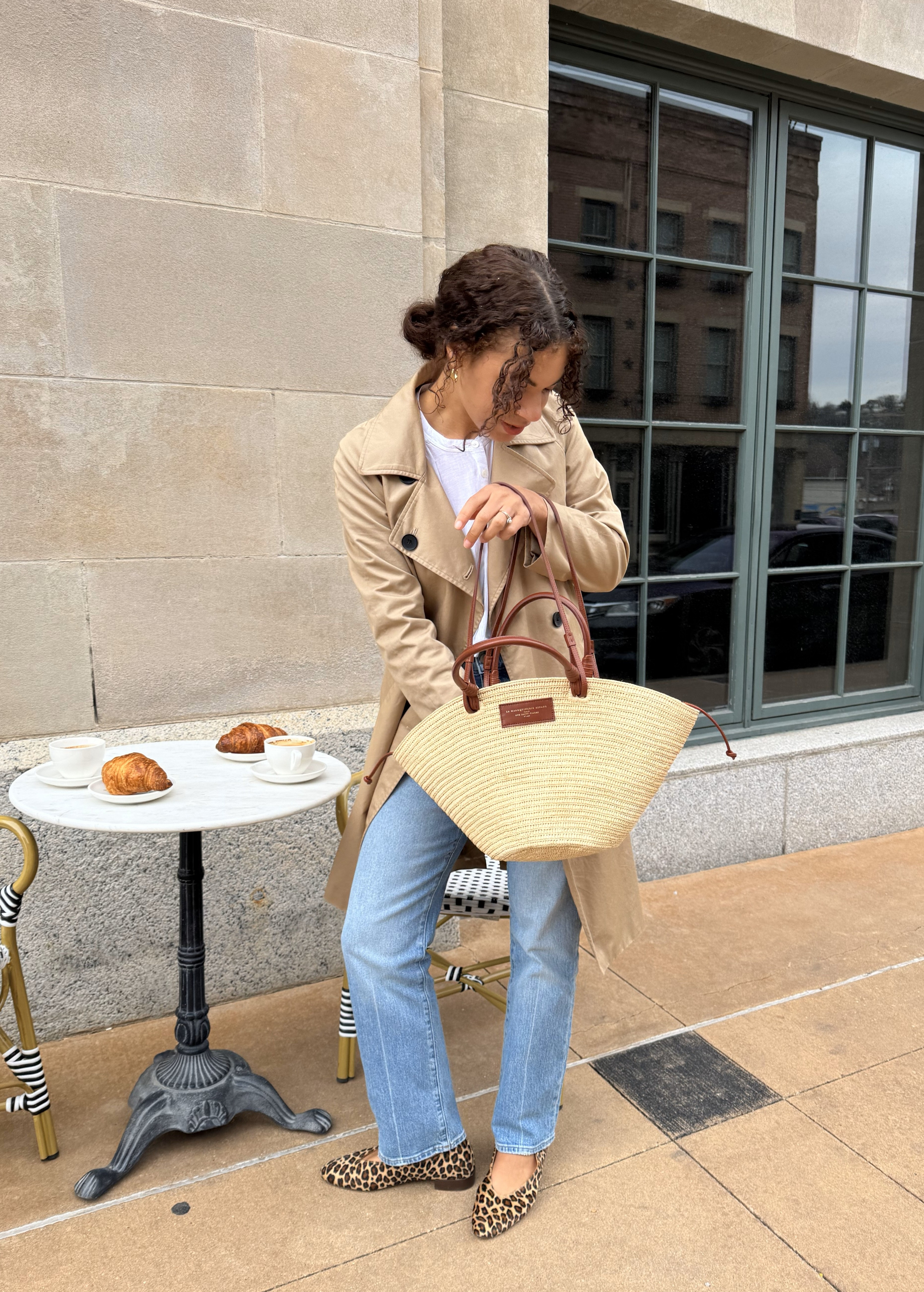 Parisian chic was the outfit inspiration today. Get the everyday French look with a pair of straight-leg jeans, a raffia tote, leopard print flats and a classic trench coat. 

 #LTKSeasonal #LTKStyleTip #LTKShoeCrush