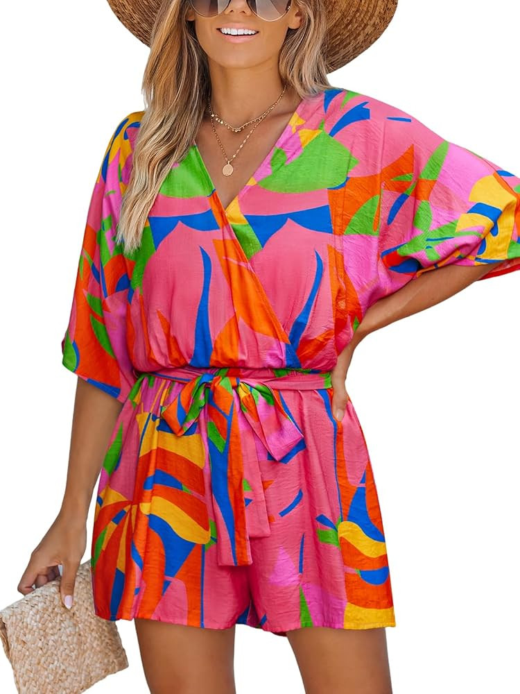 CUPSHE Women's Mini Romper Summer Beach Vacation Loose Fit Half Sleeve V Neck Resort Wear Tropica... | Amazon (US)
