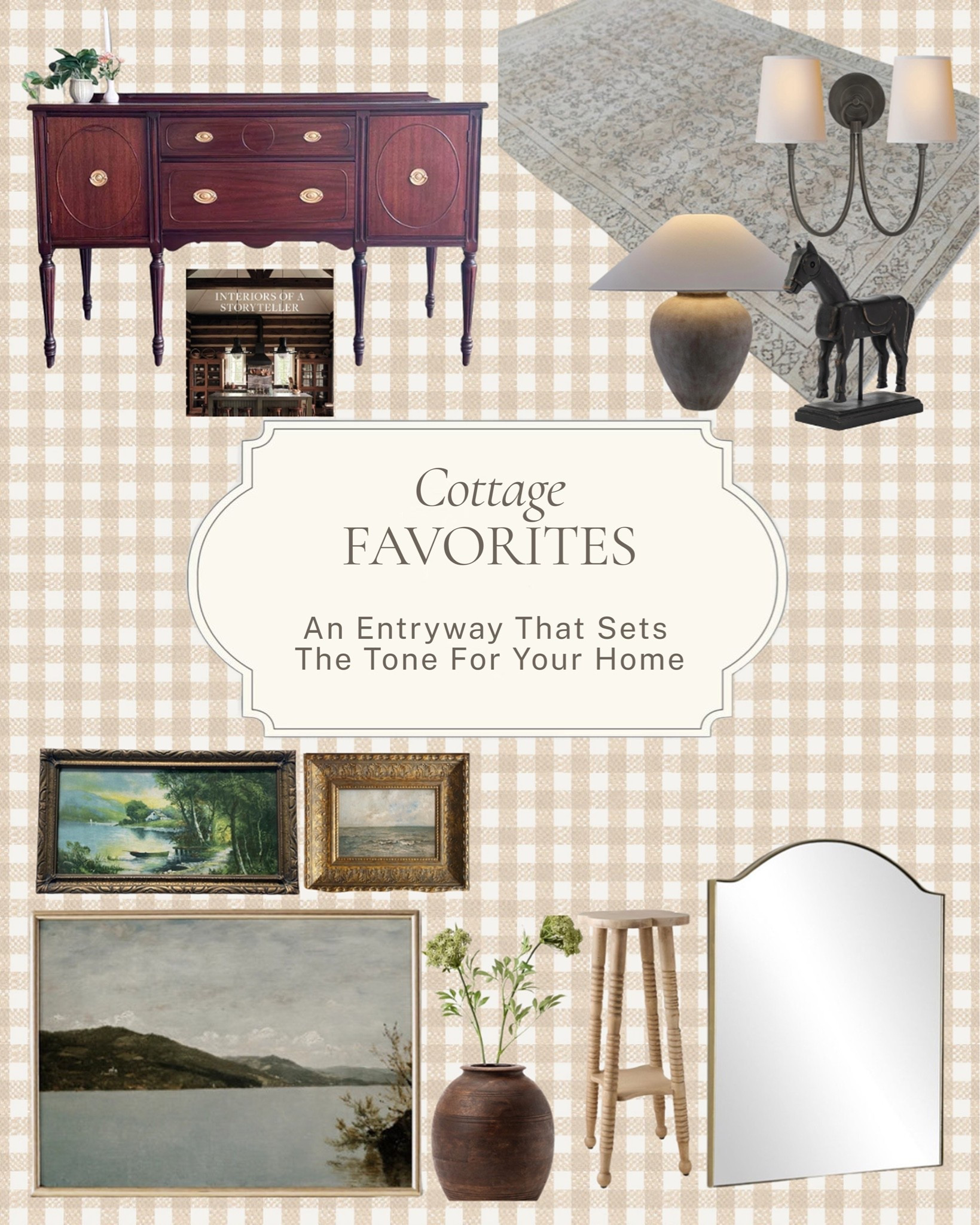 The entryway is the first thing you feel when you walk through the door ✨ 

A few cottage favorites for a space that sets the tone for everything inside: a rich mahogany sideboard, layered vintage art, sculptural lighting, and those collected details that make a first impression feel warm and completely intentional. 

All linked here 🤍 

#LTKhome