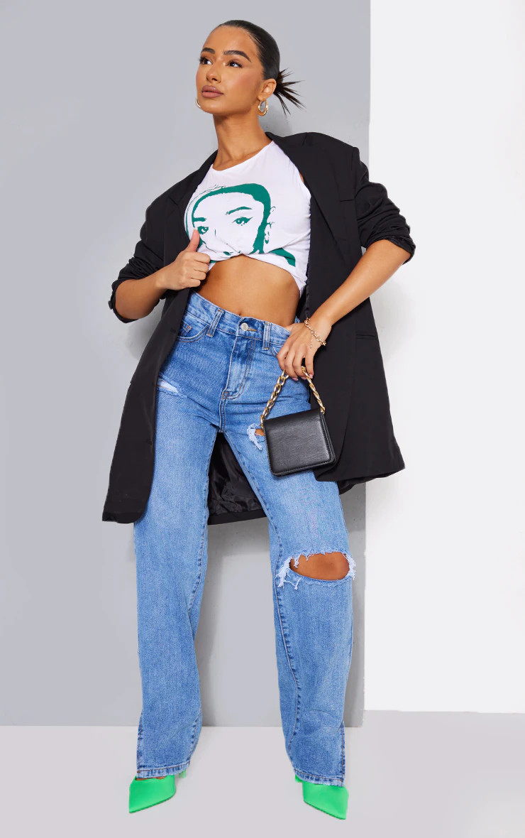 Petite Mid Blue Wash Ripped Split Hem Jeans | PrettyLittleThing US