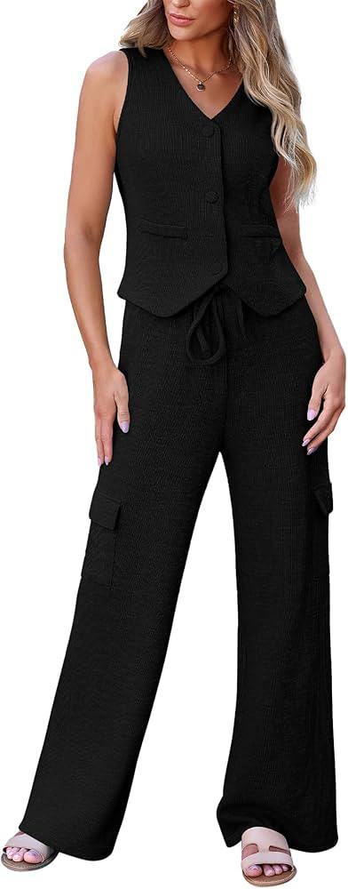 BTFBM Women's Summer Suiting 2024 2 Piece Outfits Rib Knit Button Down Sleeveless Crop Vest Wide ... | Amazon (US)