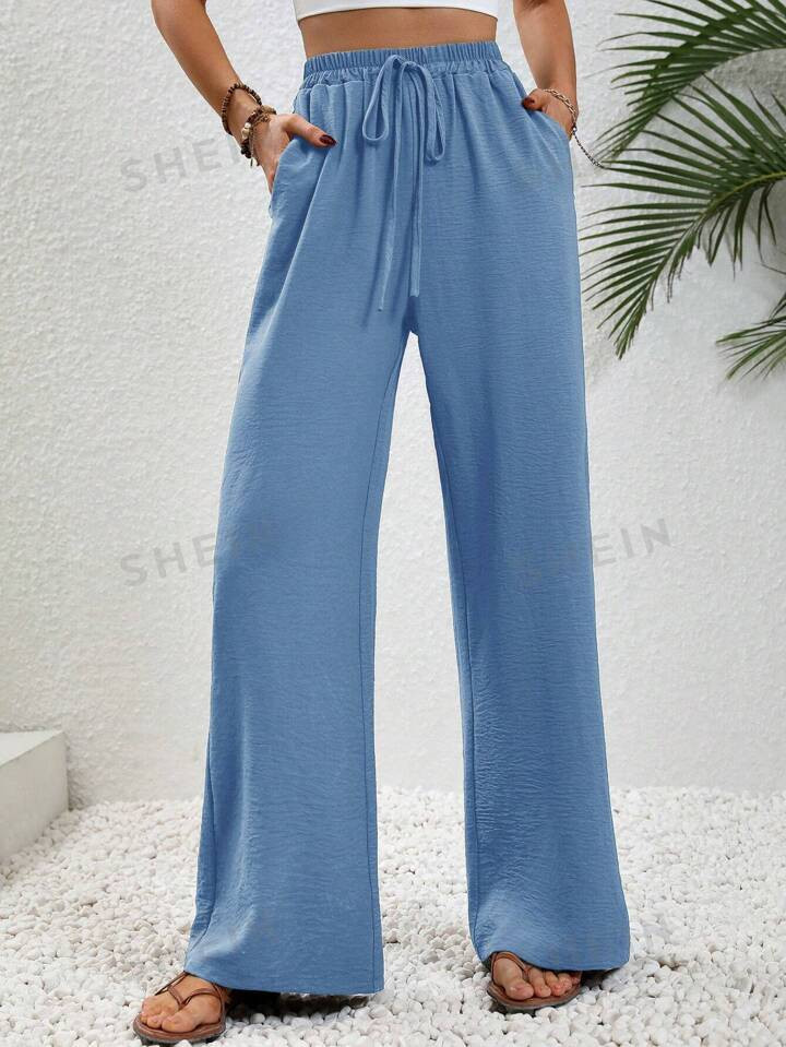 SHEIN LUNE Women's Solid Color High Waisted Tie Waist Long Pants With Pockets | SHEIN
