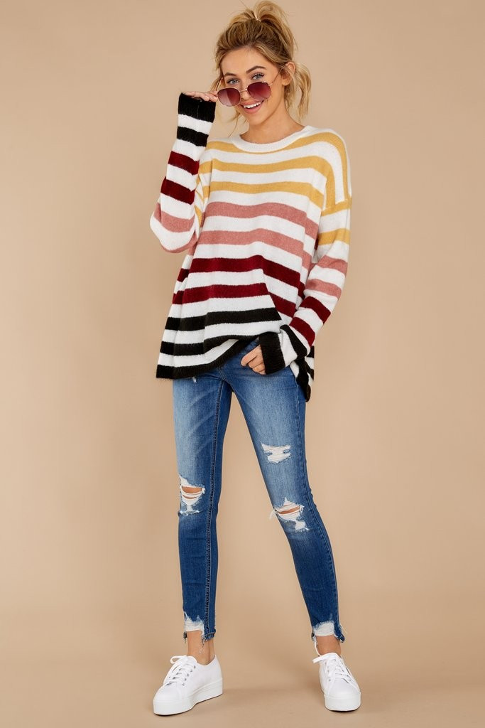 Along Those Lines Burgundy Multi Stripe Sweater | Red Dress 