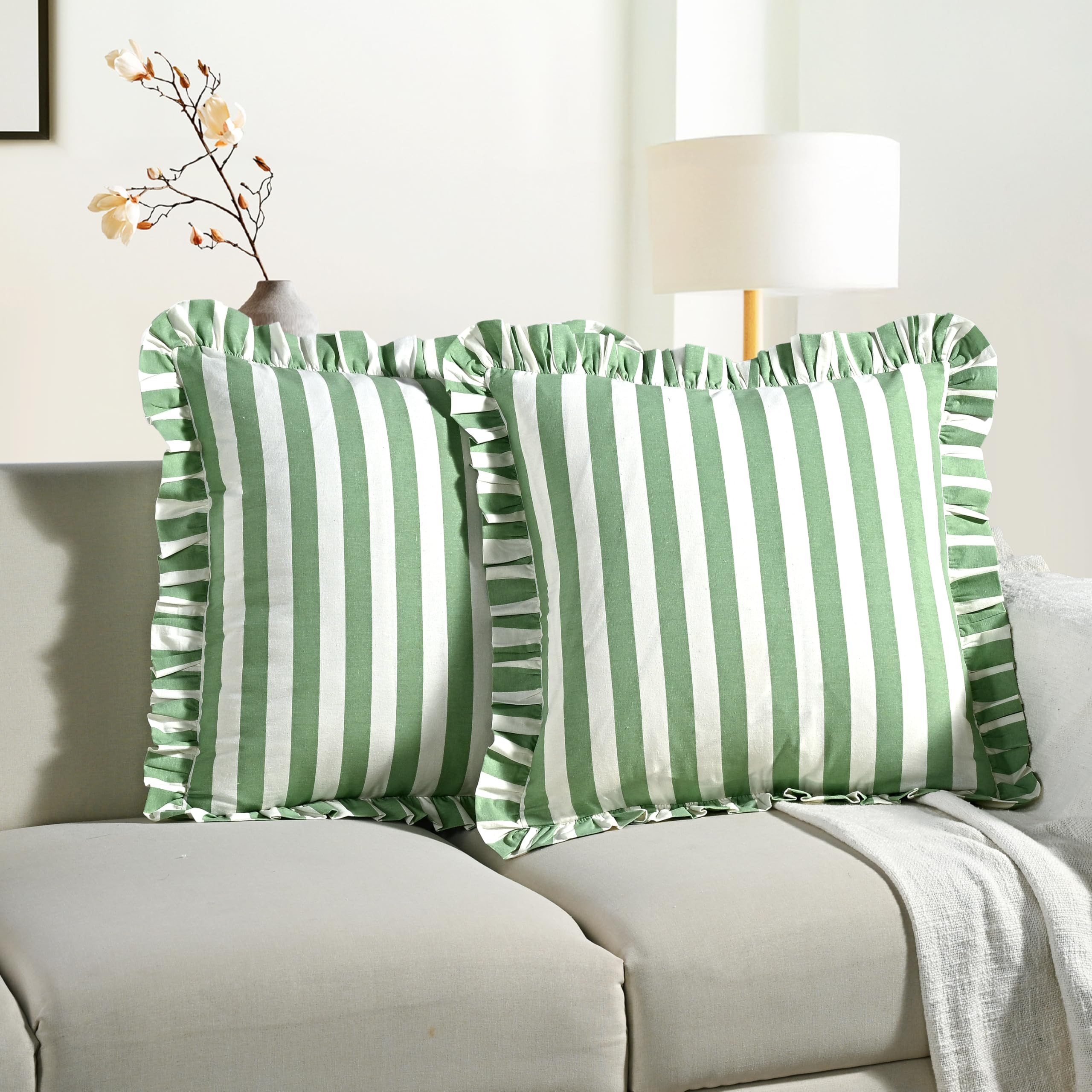 CPC Green Striped Hand Block Print Cotton Ruffle Decorative Throw Covers with Hidden Zipper 24" x... | Amazon (US)