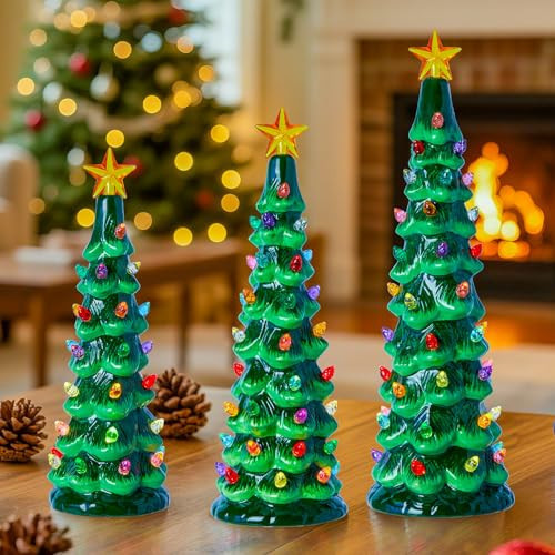 Brightown Lighted Ceramic Christmas Tree Set of 3, Pre-Lit Hand-Painted Tabletop Christmas Tree with Multicolored LED Lights, Battery Operated Vintage Ceramic Tree for Home Table Holiday Decor, Green | Amazon (US)