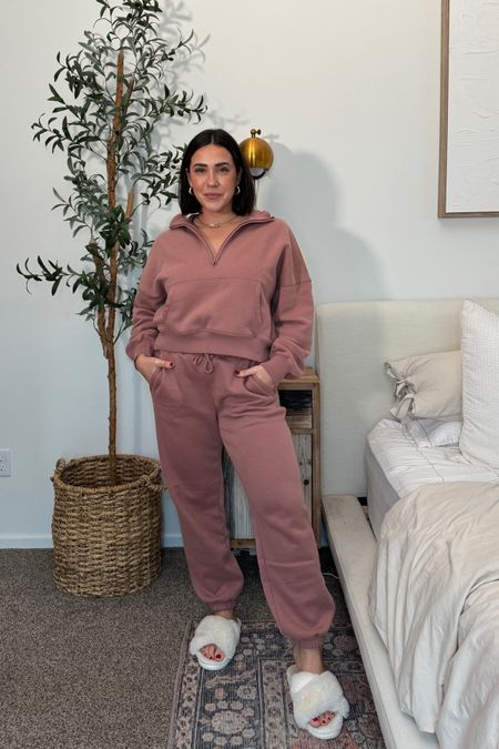 Mauve pink elevated lounge set. SO SOFT. Size large in top and medium in bottoms for me! I’m a L/8/10, 5’4. Casual and lounge Valentine’s Day outfit. Mom outfit. 

#LTKmidsize #LTKfitness #LTKstyletip