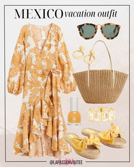 Elevate your Mexico getaway style with effortless elegance! Embrace the sun in a stunning wrap maxi dress paired with chic hoop earrings and a statement rectangle stone bracelet. Complete the look with vibrant yellow nail polish, trendy sunglasses, bow-detail suede sandals, and a charming tote straw bag. ¡Viva la moda!

#LTKstyletip #LTKSeasonal #LTKtravel
