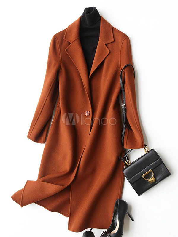 Orange Wool Coat Turndown Collar Long Sleeve Cashmere Women's Coats | Milanoo