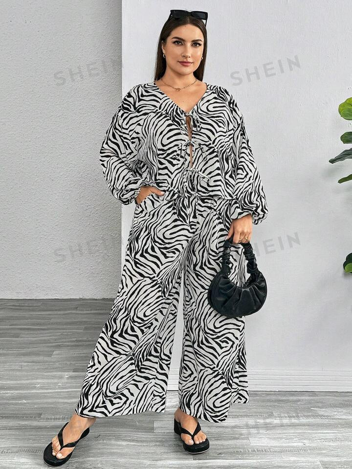 SHEIN Essnce Plus-Size Women's Two-Piece Suit, Autumn Suit, Long-Sleeved Casual Suit, Printed Sui... | SHEIN