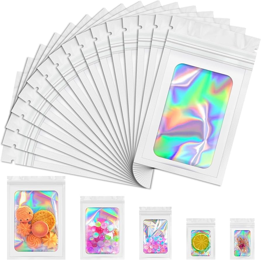 Mylar Bags, 100 PCS Holographic Bags, White Smell Proof Bag with Front Window, Small Business Pac... | Amazon (US)