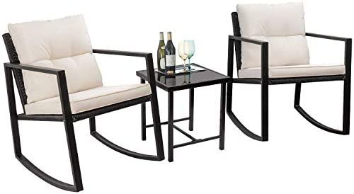 Amazon.com: Flamaker 3 Pieces Patio Furniture Set Rocking Wicker Bistro Sets Modern Outdoor Rocki... | Amazon (US)